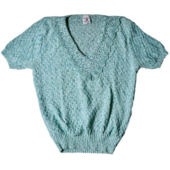 Vintage 1970s Centennial Knits LTD USA Made Blue Smocked V-Neck Short Sleeve Top - Picture 1 of 10